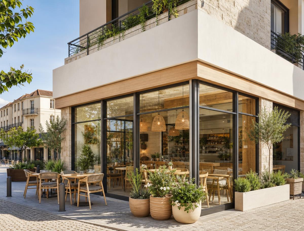 Sunlit corner cafe and retail unit with terrace seating in a European scheme