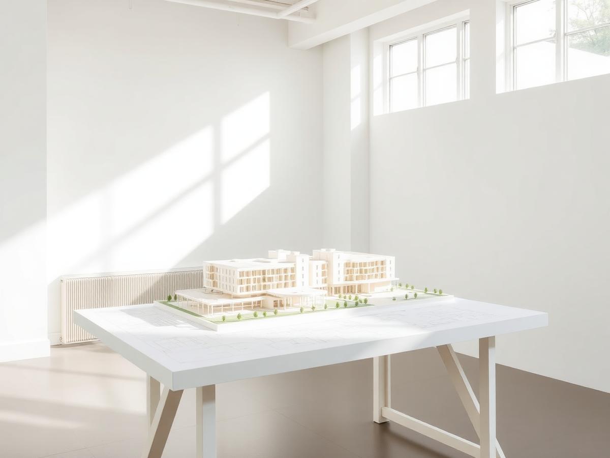 Architectural site model and drawings on a table in a bright studio