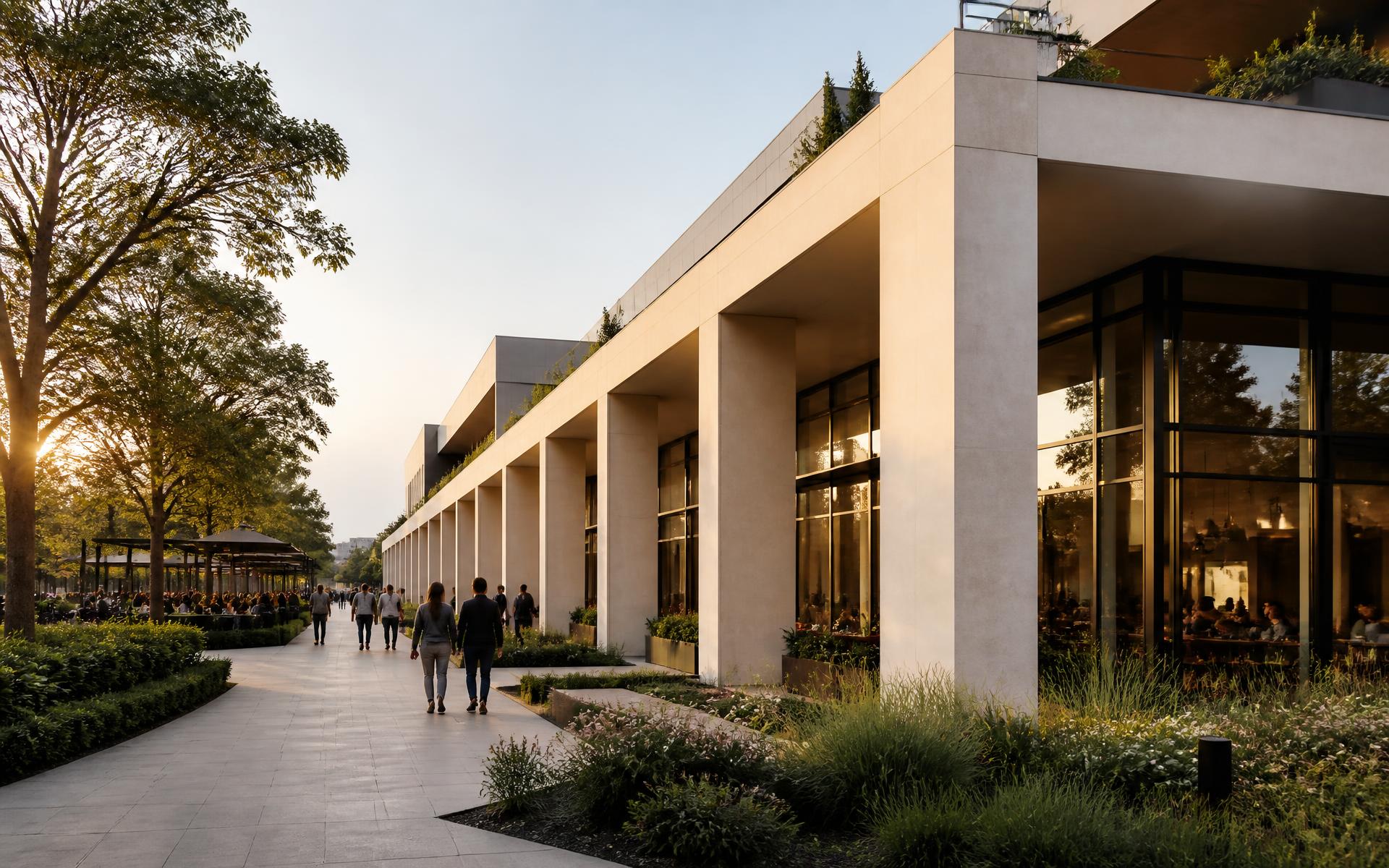 A contemporary mixed-use retail and leisure destination with planted public realm