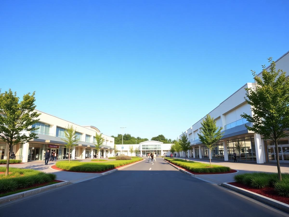 Sunny landscaped avenue through a modern retail park destination
